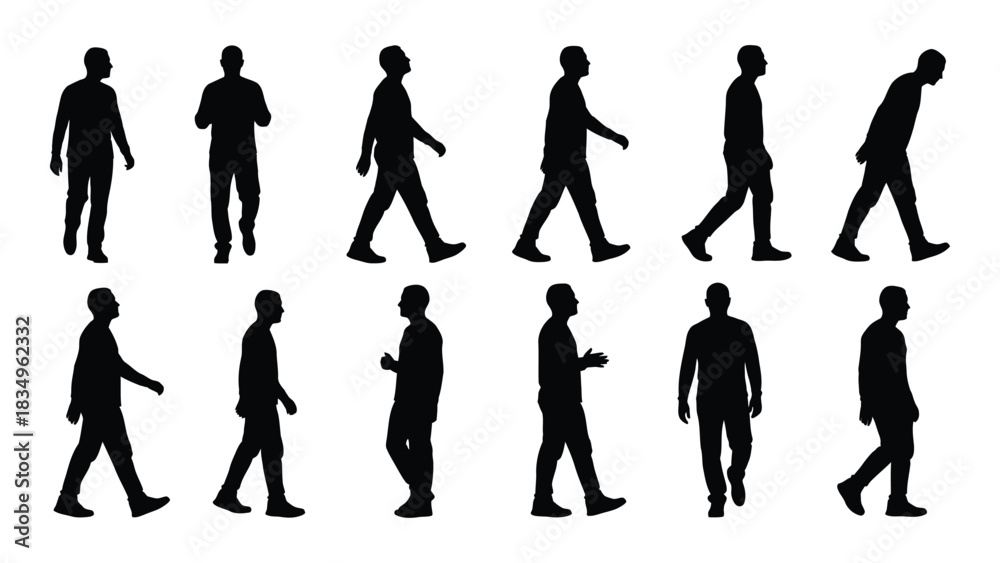Fototapeta premium Men walking silhouettes collection isolated on white background, Vector
