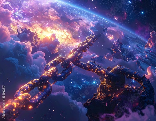 Surreal, ethereal image of chains floating above a celestial body