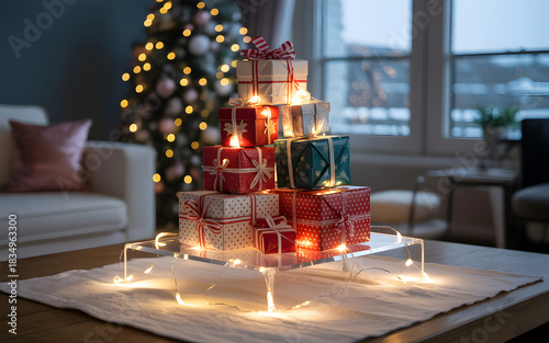 A festive stack of wrapped Christmas presents illuminated by warm string lights on a coffee table with a blurred Christmas tree in the background.