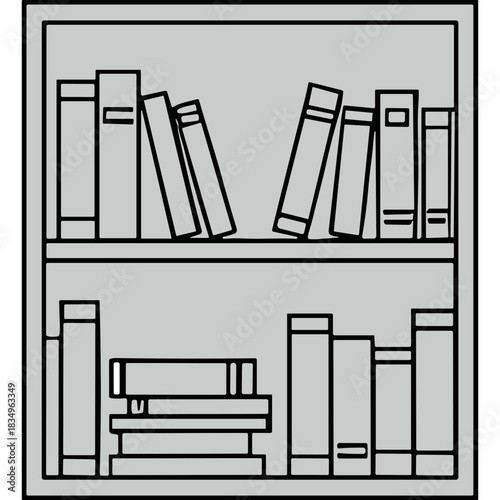 Line Art Illustration of a Two-Shelf Bookcase Filled with Various Books Against a Neutral Gray Background Showing Different Sized Volumes and Textures