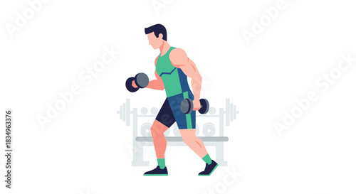 An athletic man in sportswear lifts dumbbells in a full shot, showcasing a vector illustration style with a clean white background in a fitness environment.