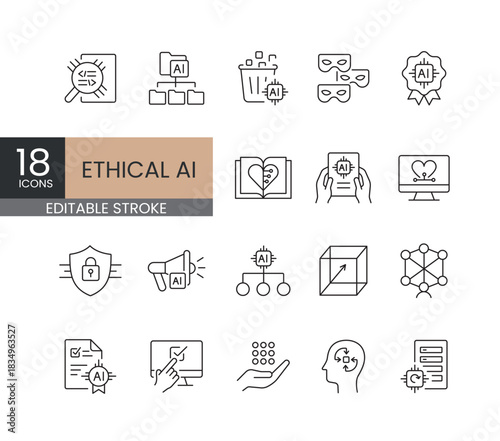 A set of vector icons representing core aspects of ethical AI, such as transparency, data privacy, fairness, and responsible use, created in line style with editable stroke