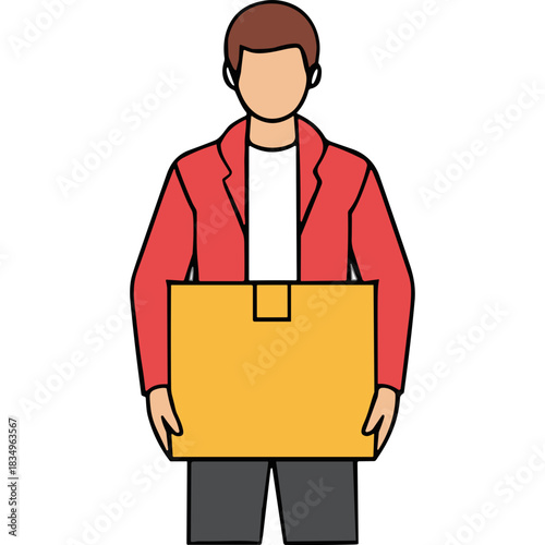 Man Holding a Cardboard Box Wearing a Red Jacket and White Shirt Detailed Flat Illustration Isolated on Black Background