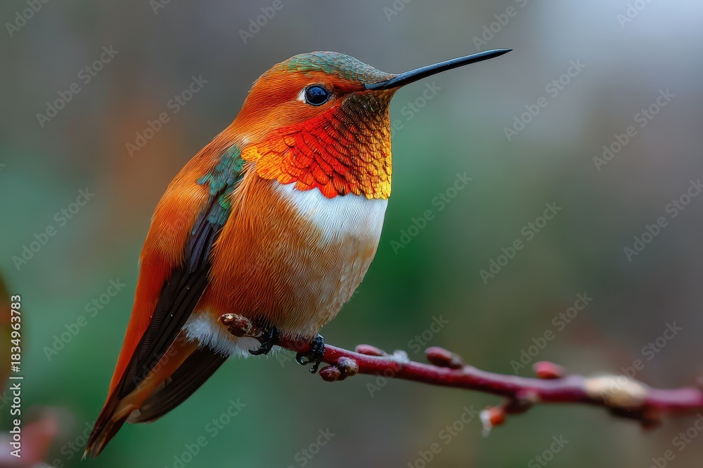 Naklejka premium Colorful hummingbird perched on a branch surrounded by soft blurred background foliage at dawn in a vibrant garden habitat