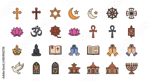 Flat lay vector icons of various world religions sit against a clean white background, expressing faith and diversity in a simple and symbolic illustration.