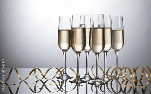 Five elegant champagne flutes filled with sparkling wine, arranged with a golden ribbon and confetti for a celebration.