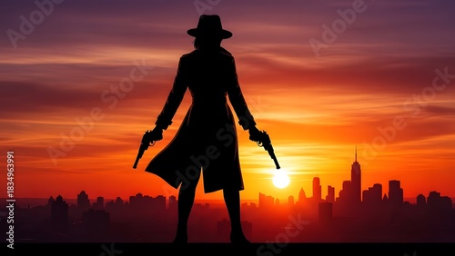 Silhouette of a Dual-Wielding Detective Against a Sunset Skyline 2