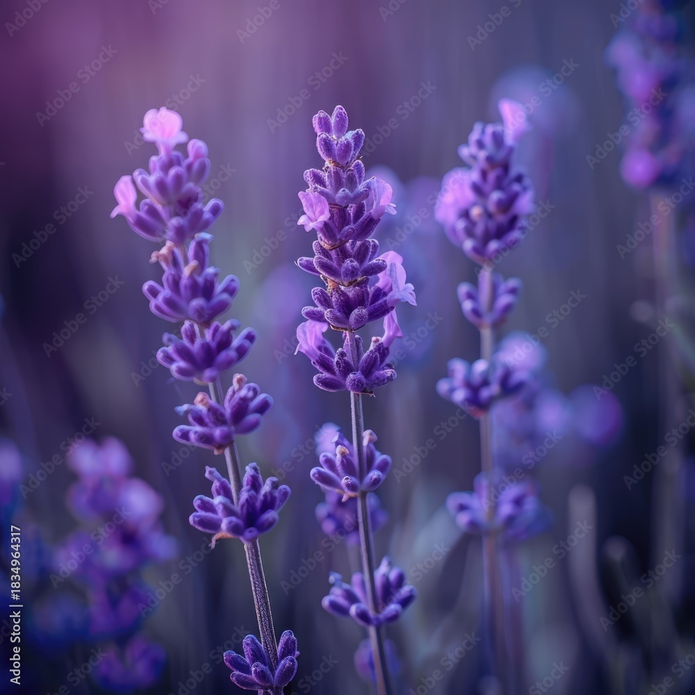 Naklejka premium Close-up of a sprig of flowering lavender. The flower is swaying in the wind. A purple flower in a flower bed or in a field. Production of essential oil.