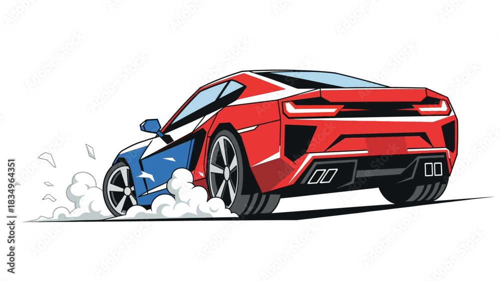 Naklejka premium Red and Blue Cartoon Sports Car Drifting with Smoke Vector Illustration