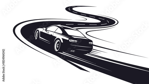 Black Sports Car on Winding Road Automotive Vector Graphic