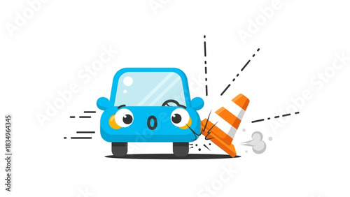 Cartoon Car Accidentally Hits Traffic Cone Illustration