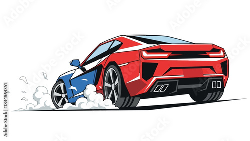 Red and Blue Cartoon Sports Car Drifting with Smoke Vector Illustration