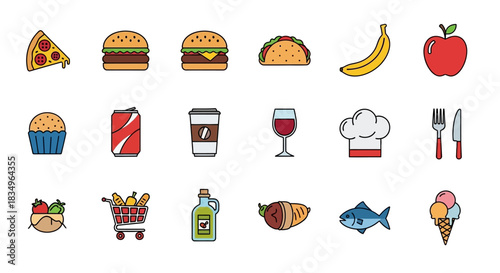 Overhead flat lay illustration of various food icons, including pizza, burger, taco, and fish, set against a clean white background in a colorful, simple style.