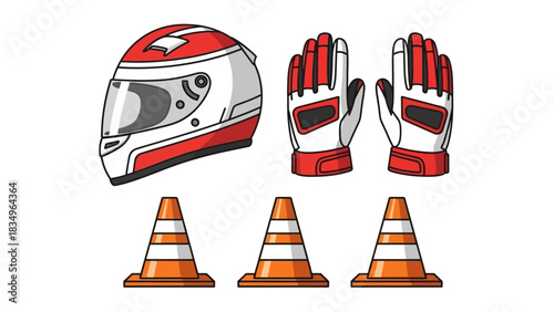 Cartoon Racing Gear Helmet Gloves and Cones Vector Illustration