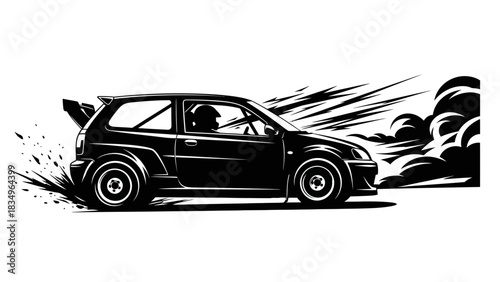 Monochrome Illustration of a Compact Racing Car with Dynamic Smoke
