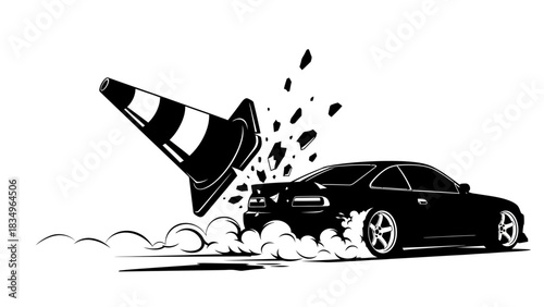 Car Drifting Silhouette Hitting Traffic Cone Vector Illustration