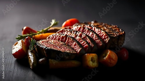 Delicious sliced steak cooked medium-rare with a shiny sauce and colorful roasted vegetables, highlighting premium food photography and rich culinary textures in high detail