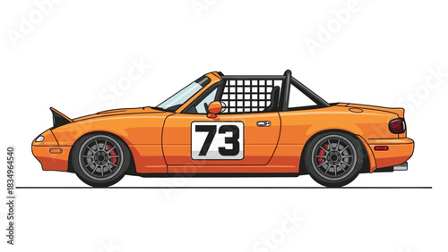 Vintage Orange Race Car Illustration Roadster with Number 73