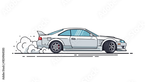 Sleek White Sports Car Drifting with Smoke on White Background Vector Illustration