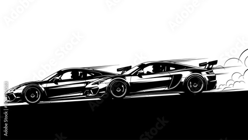 Black and White Racing Cars Illustration High Speed Motorsport Competition