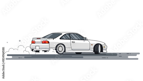 Sleek White JDM Car Drifting Illustration on White Background