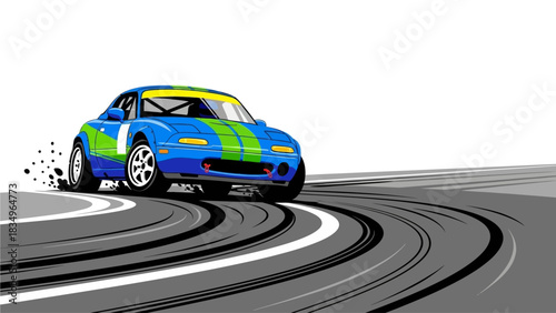 Cartoon Illustration of a Blue Sports Car Drifting with Tire Smoke on a Curved Track