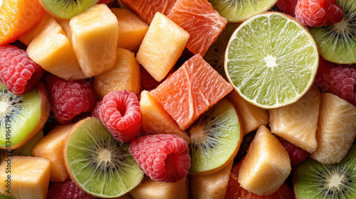 Fresh fruit salad with kiwi lime raspberry and melon pieces, vibrant healthy snack