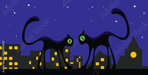 Two mysterious black cats with glowing green eyes meeting on a city rooftop under a starry midnight sky.