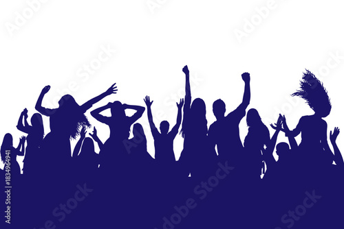 Cheerful people  with hands raised, dancing and celebrating at a party or concert. Silhouette of crowd.  Vector illustration