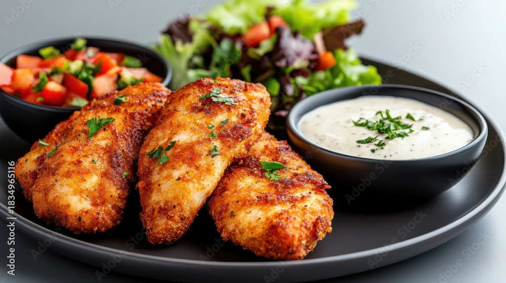 Fototapeta premium Crispy breaded chicken fillet with creamy dip and fresh salad, savory and appetizing