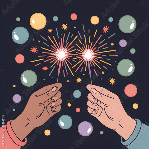 Two hands holding sparklers with colorful explosions and floating bubbles against a dark background.