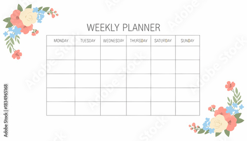 A weekly planner template with a grid for days of the week, adorned with delicate floral arrangements in the corners.