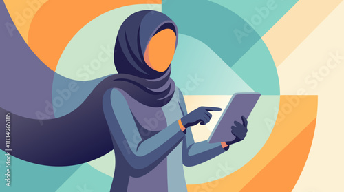 A woman in a hijab using a digital tablet with an abstract, colorful background.