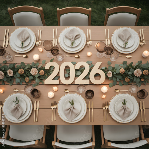 A beautifully set outdoor dining table with six place settings, a floral garland, candles, and large wooden 