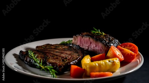 Delicious sliced steak cooked medium-rare with a shiny sauce and colorful roasted vegetables, highlighting premium food photography and rich culinary textures in high detail