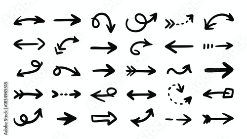 Set of various sketchy doodle arrows. A hand-drawn black arrow collection isolated on a white background for design elements