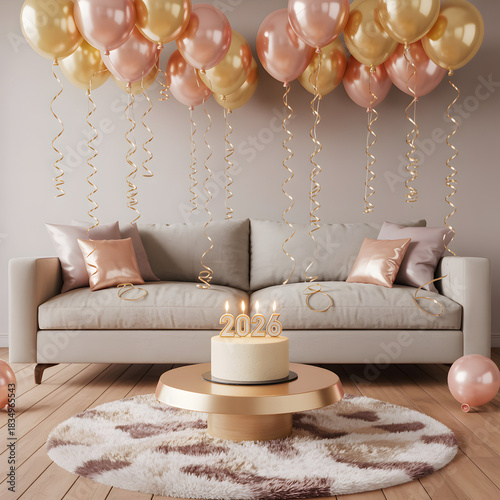 Festive living room decorated with pink and gold balloons for a 2026 celebration featuring a cake with lit candles.