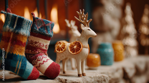 Retro vintage holiday scene with knitted stocking and wooden reindeer by warm fireplace evoking cozy nostalgic cheer