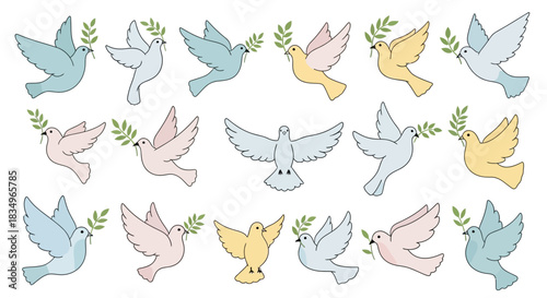 Illustrated pastel doves, each carrying an olive branch, fly across a white background in this vector graphic, symbolizing peace and hope.