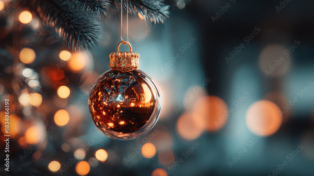 Fototapeta premium Retro vintage glass bauble reflecting warm lights on evergreen branch in cozy holiday scene