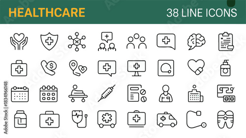 Collection of minimal line icons representing healthcare, medicine, and wellness concepts. A versatile set for digital and print