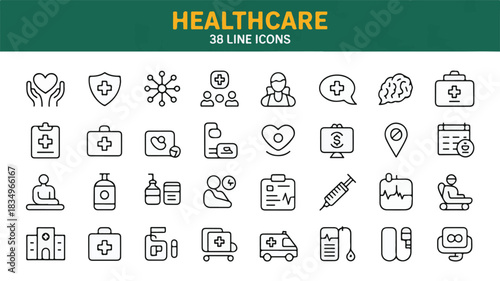 A collection of 38 minimalist line icons representing various healthcare, medical, and wellness concepts for digital and print use