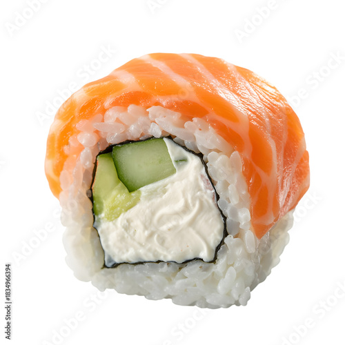Delicious philadelphia sushi roll with fresh salmon cream cheese and cucumber isolated on transparent background