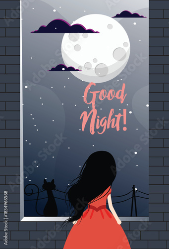 Child in red dress at window, observing the bright full moon, starry night sky, and a curious cat