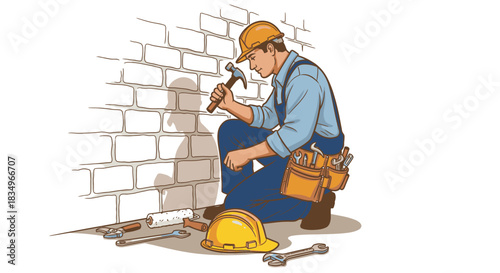 A focused construction worker, wearing blue overalls and a yellow hard hat, meticulously examines a brick wall with a hammer, surrounded by essential tools.