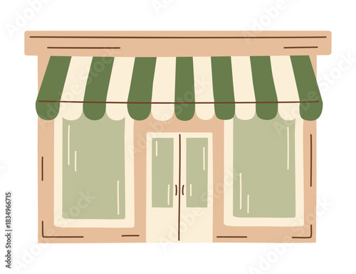 Cozy small shop, market, cafe, bakery or small-town store vector illustration, cute storefront with green striped awning, vintage aesthetic. Hand-drawn clipart for local business branding and design.