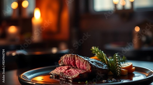 Delicious sliced steak cooked medium-rare with a shiny sauce and colorful roasted vegetables, highlighting premium food photography and rich culinary textures in high detail
