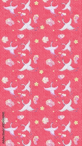 Elegant Japanese crane pattern with delicate flowers on vibrant coral background for sophisticated designs and textiles, bringing beauty and serenity to your projects