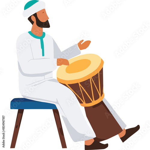 Man in white traditional clothing and teal headwear playing a bongo drum while seated on a blue stool illuminated by soft overhead lighting against a solid black background