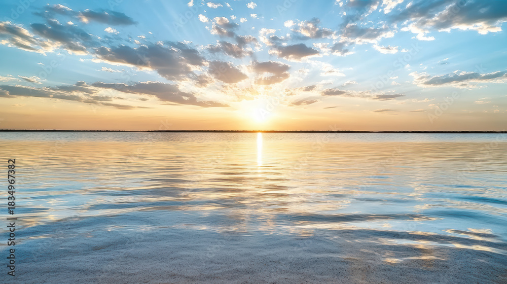 Obraz premium Sunset lake sky water reflection horizon calm serene golden light